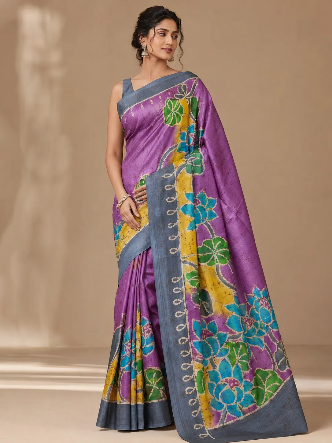 Sage Mist Mulberry Wax Batik Saree — handloom Chanderi Batik saree by Naholi